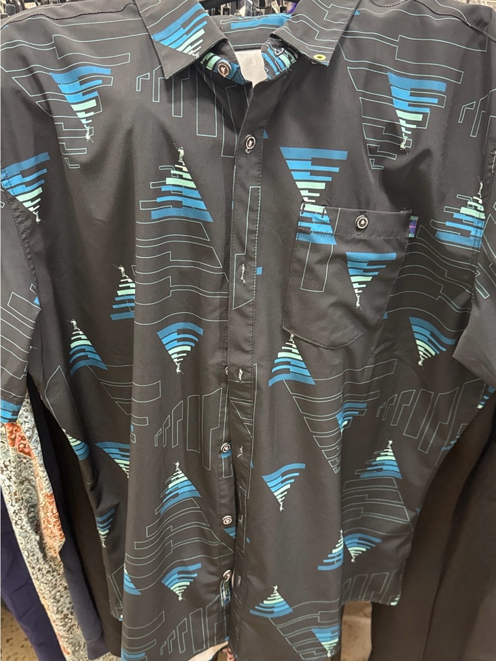 William Murray Golf Black Shirt with Blue Geometric Print
